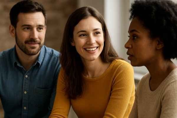 “Three people having a supportive conversation, with a smiling woman at the center symbolizing positivity and overcoming failure.”