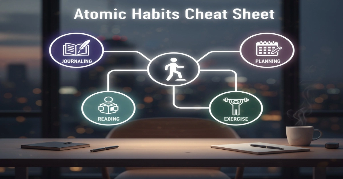 “Atomic Habits Cheat Sheet illustration showing habit icons and daily routines”