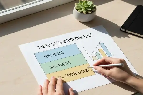 Simple budgeting chart on a clean table showing the 50-30-20 rule.