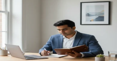 Indian professional practicing financial discipline habits with a budgeting notebook