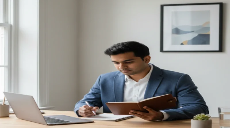 Indian professional practicing financial discipline habits with a budgeting notebook