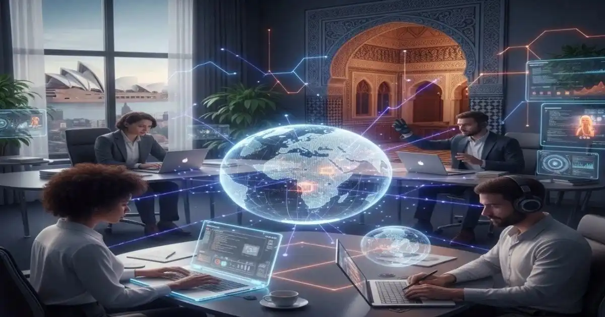 Remote workers connected globally through technology in 2025