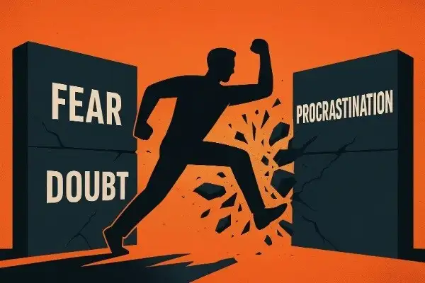 “Person breaking mental barriers like doubt and procrastination”