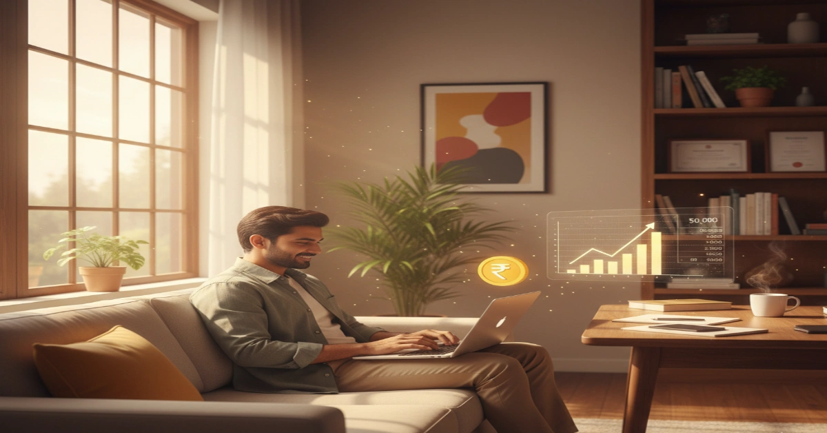 Young Indian professional learning skills to earn 50,000 per month from home, working on a laptop in a modern workspace.