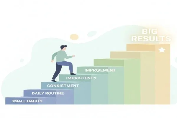 “Motivational steps showing small habits leading to big results”