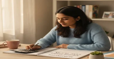 Indian woman reviewing her monthly budget and planning her savings at a clean desk for better financial discipline.