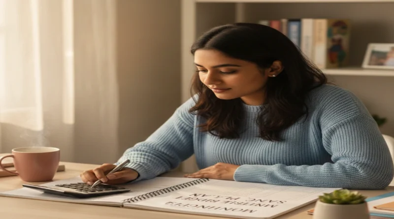 Indian woman reviewing her monthly budget and planning her savings at a clean desk for better financial discipline.