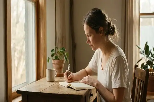 A woman writing daily notes representing consistency in life through small actions.