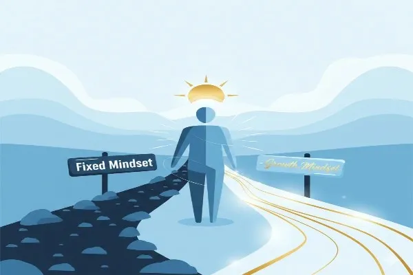 Illustration showing fixed mindset vs growth mindset path for personal development.
Caption