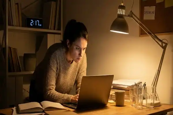 रात में लैम्प जलाकर लैपटॉप पर काम करती महिला, जो मेहनत और निरंतरता का प्रतीक है