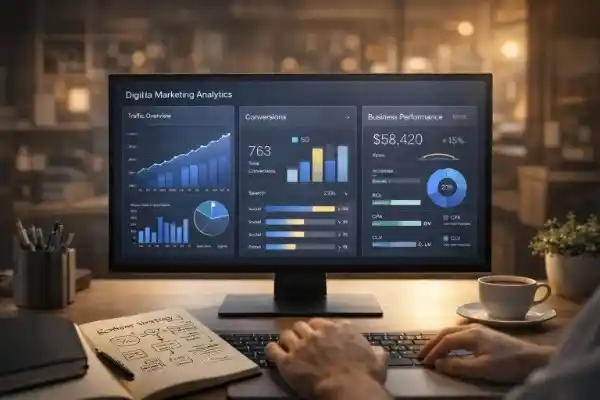 digital marketing analytics showing website traffic and conversion growth