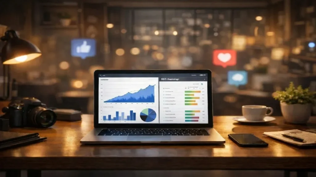 digital marketing strategy showing Seo traffic growth and online business analytics