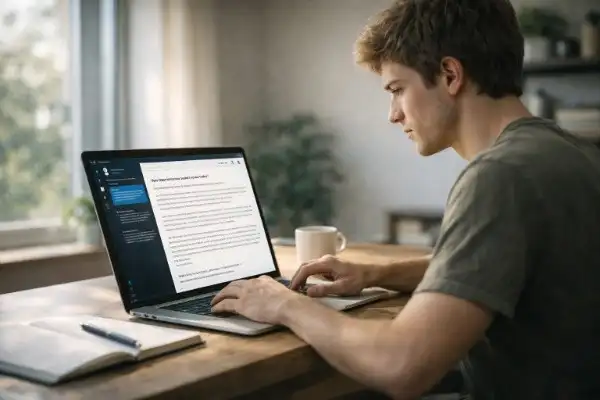 AI content writing process on laptop