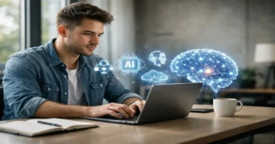 AI skills to learn in 2026 concept showing a professional learning artificial intelligence on laptop