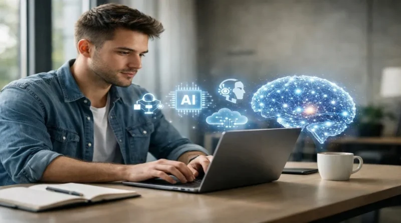 AI skills to learn in 2026 concept showing a professional learning artificial intelligence on laptop